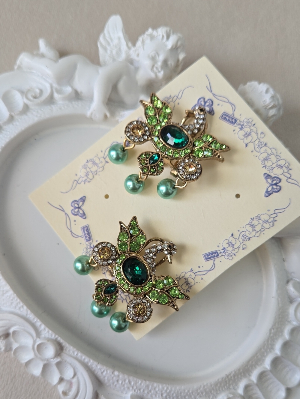 Gold-Tone Green Crystal Bird Drop Earrings with Pearl Dangles